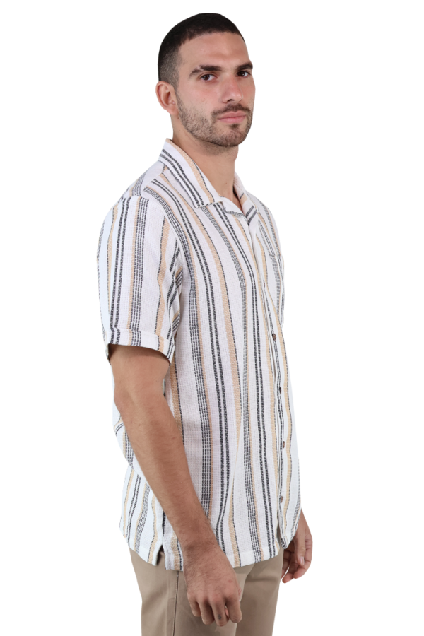 Camisa Estilo Resort De Algodón Manga Corta Estampado Vertical Para Hombre